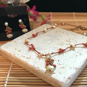 Pearl and Orange Bead Necklace / Earrings Set​​
